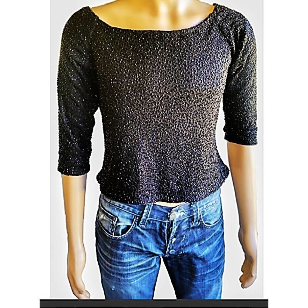 Brilliant by JA Fancy Black Beaded scoop neck 3/4 sleeve top size Medium